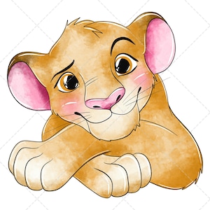 Op de afbeelding: Een digitale illustratie van een leeuwenwelp met goudbruine vacht, grote donkere ogen en roze getinte oren en wangen. De welp is afgebeeld in een rustende positie met de voorpoten gekruist, voorzien van een zachte aquareltextuur en lijnen.