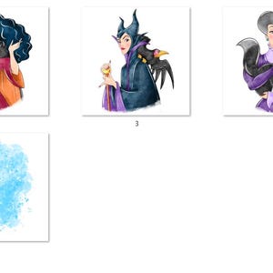 May include: Watercolor illustrations of six Disney villains. Each character is depicted from the chest up, with a white background. The villains include Cruella de Vil, the Evil Queen, Maleficent, Lady Tremaine, Ursula, and the Evil Queen again.