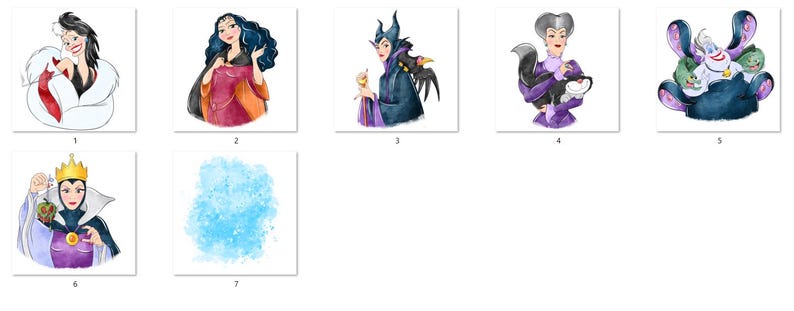 May include: Watercolor illustrations of six Disney villains. Each character is depicted from the chest up, with a white background. The villains include Cruella de Vil, the Evil Queen, Maleficent, Lady Tremaine, Ursula, and the Evil Queen again.