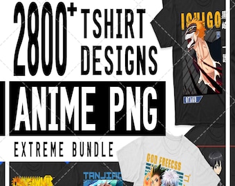 Puede incluir: Una colección de camisetas con temática de anime. La imagen presenta varios diseños, incluyendo personajes y texto. El texto "2800+ TSHIRT DESIGNS ANIME PNG EXTREME BUNDLE" se muestra de forma destacada. Las camisetas son en blanco y negro con gráficos coloridos.