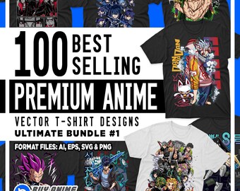 Puede incluir: Una colección de camisetas negras y blancas con varias ilustraciones de personajes de anime y diseños gráficos. La imagen incluye el texto 100 BEST SELLING PREMIUM ANIME VECTOR T-SHIRT DESIGNS ULTIMATE BUNDLE #1 y FORMAT FILES: AI, EPS, SVG & PNG.
