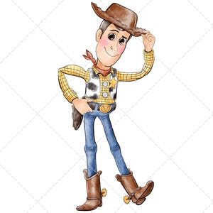 Könnte beinhalten: Aquarell-Illustration eines Cartoon-Cowboy-Charakters. Er trägt einen braunen Cowboyhut, ein gelbes kariertes Hemd, eine schwarz-weiße Weste, blaue Jeans und braune Stiefel. Ein rotes Halstuch ist um seinen Hals gebunden, und eine Sheriff-Plakette ist an seiner Weste befestigt.
