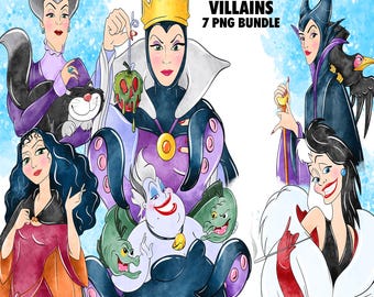 Puede incluir: Ilustración en acuarela de villanos de Disney, incluyendo la Reina Malvada, Úrsula y Maléfica. La imagen presenta un fondo azul claro y el texto "Disney Villains 7 PNG Bundle".