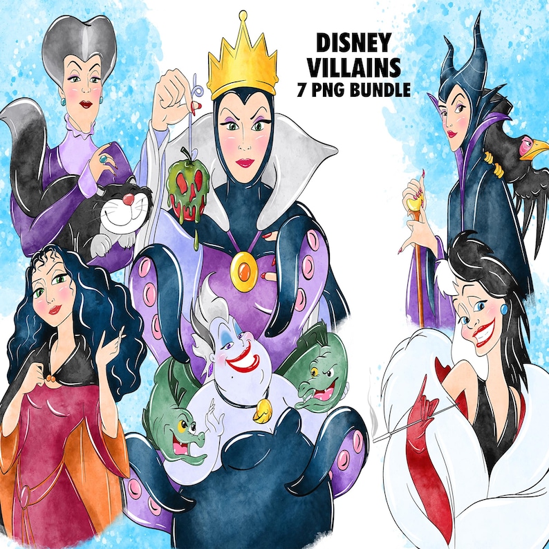 Villains Clipart PNG Bundle, Watercolor Hand Drawn Illustrations, Digital Download
