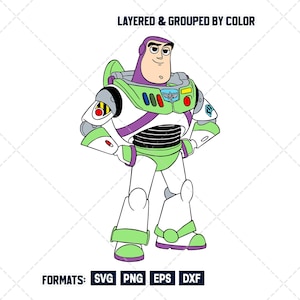 Peut inclure: Illustration de Buzz l'Éclair, personnage de Toy Story, vêtu d'une combinaison spatiale blanche, verte et violette. Le texte "LAYERED & GROUPED BY COLOR" et les formats de fichiers SVG, PNG, EPS et DXF sont également présents.