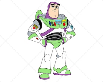 Puede incluir: Ilustración de dibujos animados de Buzz Lightyear con un traje espacial blanco, verde y morado. La imagen incluye el texto "LAYERED & GROUPED BY COLOR" y las opciones de formato de archivo: SVG, PNG, EPS y DXF. Personaje de Toy Story.