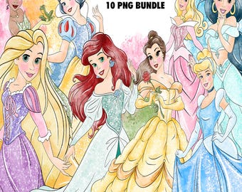 Princess Clipart PNG Bundle, Watercolor Hand Drawn Illustrations, Digital Download