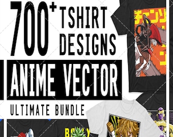 Puede incluir: Una imagen promocional que muestra una colección de diseños de camisetas con temática de anime. La imagen presenta varias camisetas con gráficos coloridos de personajes de anime. El texto de la imagen dice "700+ T-shirt Designs Anime Vector Ultimate Bundle" y "Format Files: AI, EPS, PNG".