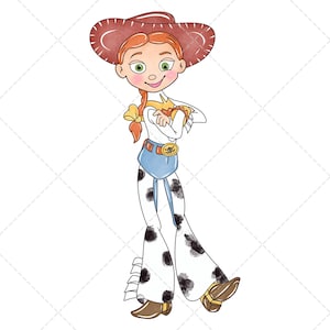 May include: A cartoon illustration of a cowgirl character with red hair in a braid, wearing a red hat, a white long-sleeved shirt with yellow cuffs, a blue vest, and white trousers with black cow-print spots, finished with brown boots.