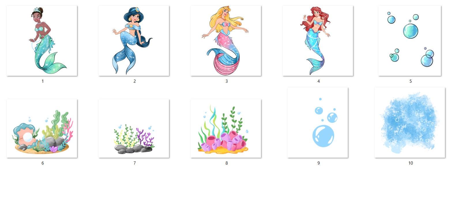 Mermaid Princess Clipart PNG Bundle, Watercolor Hand Drawn ...
