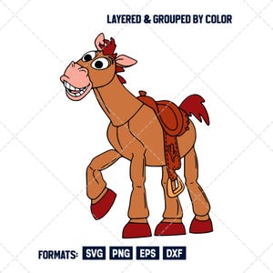 May include: A cartoon illustration of a brown horse with a saddle, red accents, and a smiling expression. The image includes the text "LAYERED & GROUPED BY COLOR" and "FORMATS: SVG PNG EPS DXF".