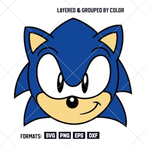 Può includere: Una grafica digitale del personaggio Sonic the Hedgehog con una testa blu dai capelli a punta, grandi occhi bianchi, un muso color marrone chiaro e un naso nero. Il testo LAYERED & GROUPED BY COLOR e FORMATS: SVG PNG EPS DXF è incluso nell'immagine.