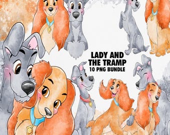Puede incluir: Ilustraciones en acuarela de personajes de la película animada "La Dama y el Vagabundo". La imagen presenta múltiples representaciones de Lady, una Cocker Spaniel de pelo dorado, y Golfo, un cruce de Schnauzer gris. El texto "LADY AND THE TRAMP 10 PNG BUNDLE" también es visible.