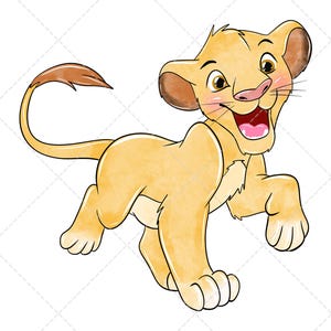 Puede incluir: Una ilustración digital de un cachorro de león de color tostado claro con la punta de la cola de color marrón oscuro, orejas grandes y una expresión alegre. El cachorro aparece en una pose dinámica, corriendo con la boca abierta, mostrando encías rosadas y dientes blancos, sobre un fondo blanco.