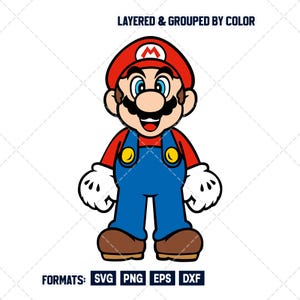 Può includere: Un'illustrazione digitale di un personaggio dei cartoni animati con un berretto rosso con una M bianca, una maglietta rossa, una salopette blu con bottoni gialli, guanti bianchi e scarpe marroni. Il testo recita LAYERED & GROUPED BY COLOR.
