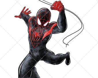 Miles Morales Clipart PNG, Spiderman Watercolor Hand Drawn Superhero Illustration, Digital Download