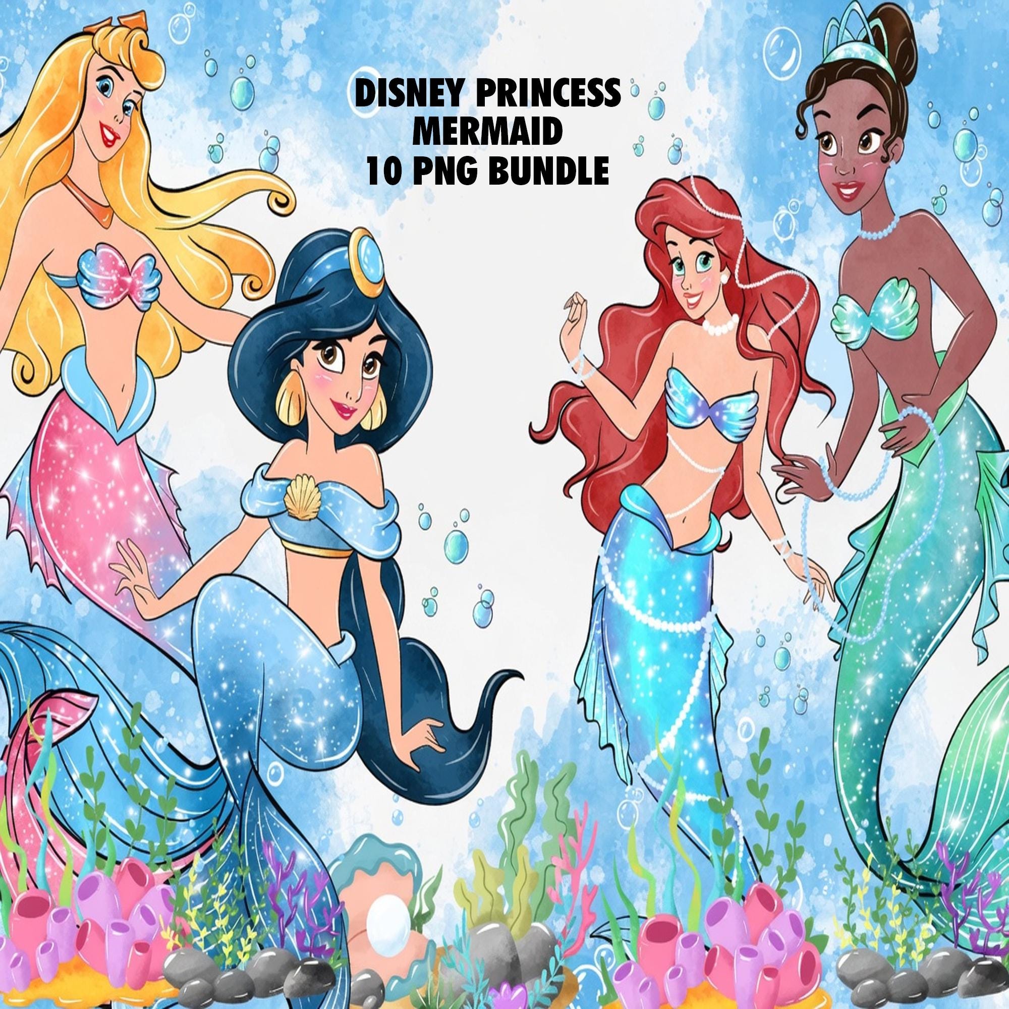 Mermaid Princess Clipart PNG Bundle, Watercolor Hand Drawn ...