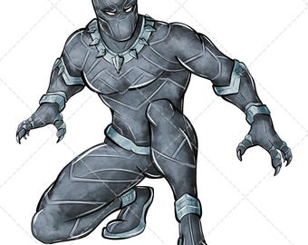 Puede incluir: Ilustración de Black Panther en cuclillas. El personaje está representado con un traje negro y gris con detalles plateados, incluyendo un collar y detalles en brazos y piernas. La obra es de estilo acuarela.