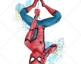 Puede incluir: Ilustración en acuarela de Spider-Man en una pose dinámica, colgado boca abajo. El superhéroe está representado con su clásico traje rojo y azul, sosteniendo una telaraña. El fondo presenta salpicaduras de acuarela azules y amarillas.