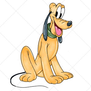 May include: A cartoon illustration of Pluto, a yellow dog with black ears and a green collar. Pluto is sitting with his tongue sticking out, and his eyes are wide open. The background is white.