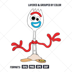 May include: A cartoon illustration of a white spork character with a red mouth and arms, blue smile, and black eyes. The character has a tan base and is tied with a red ribbon. The text "LAYERED & GROUPED BY COLOR" is at the top. The bottom text reads "FORMATS: SVG PNG EPS DXF".