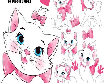 Marie Aristocats Clipart PNG Bundle, Watercolor Hand Drawn Illustrations, Digital Download