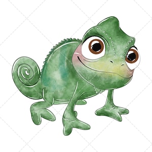 May include: A watercolor-style illustration of a small green chameleon with large brown eyes and a curled tail. The creature has a textured, mottled green body, a light yellow chin, and a subtle pink blush on its cheek, depicted in a cartoon style.