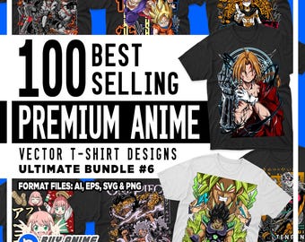 Puede incluir: Una colección de camisetas blancas y negras con varias ilustraciones de personajes de anime. El texto 100 BEST SELLING PREMIUM ANIME VECTOR T-SHIRT DESIGNS ULTIMATE BUNDLE #6 aparece en letras negras sobre un fondo blanco.