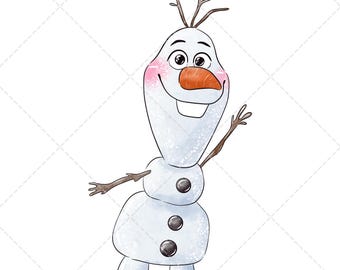 Puede incluir: Ilustración en acuarela de Olaf, el muñeco de nieve de Frozen. Olaf tiene un cuerpo blanco, una nariz de zanahoria y brazos y pelo de ramitas. Sonríe con mejillas rosadas y ojos de botón negros. El fondo es blanco.