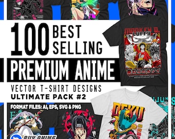Puede incluir: Una colección digital de 100 diseños vectoriales de camisetas de anime premium titulada Ultimate Pack #2. La muestra presenta varias camisetas negras y blancas que exhiben coloridas ilustraciones gráficas de personajes de anime y texto en japonés.