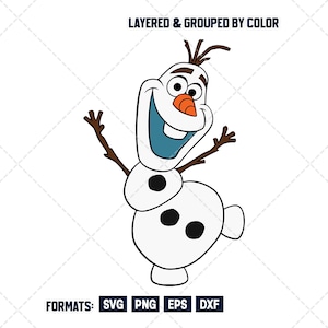 May include: A cartoon illustration of Olaf, the snowman from Frozen, with a white body, black buttons, and brown twig arms and hair. His mouth is open, revealing a blue interior, and he has an orange carrot nose. Text at the top says "LAYERED & GROUPED BY COLOR".