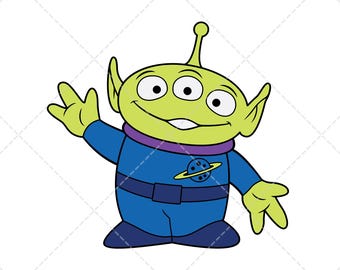 Puede incluir: Ilustración de dibujos animados de un extraterrestre verde con tres ojos, vistiendo un mono azul con un emblema de planeta. El extraterrestre está saludando con una sonrisa. El texto en la parte superior dice "LAYERED & GROUPED BY COLOR" y en la parte inferior "FORMATS: SVG PNG EPS DXF".