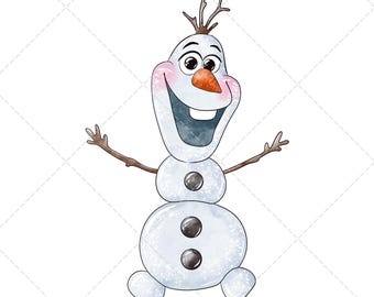 Puede incluir: Ilustración en acuarela de Olaf, el muñeco de nieve de Frozen de Disney. Olaf tiene una nariz de zanahoria, brazos de ramitas y una expresión feliz. Está compuesto por tres bolas de nieve con detalles de botones negros.