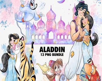 Aladdin Clipart PNG Bundle, Watercolor Hand Drawn Illustrations, Digital Download