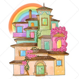 May include: Watercolor illustration of a colorful building with multiple levels, windows, and doors. The building is painted in shades of pink, green, and tan, with a rainbow in the background. Pink flowers cascade down the side.