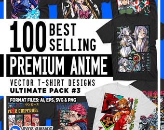Puede incluir: Una colección de camisetas negras y blancas con diversas ilustraciones de personajes de anime y diseños gráficos. El texto 100 BEST SELLING PREMIUM ANIME VECTOR T-SHIRT DESIGNS ULTIMATE PACK #3 se muestra de forma destacada en letras blancas y negras.