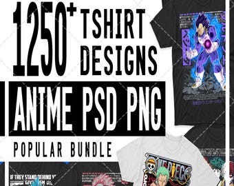 Puede incluir: Una colección de camisetas con varios diseños de anime. La imagen incluye camisetas gráficas con personajes de series de anime populares. El texto de la imagen dice "1250+ T-Shirt Designs Anime PSD PNG Popular Bundle."