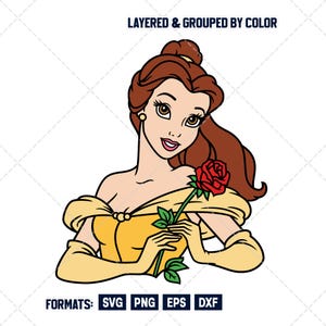 May include: A cartoon illustration of a woman in a yellow dress holding a red rose. The image includes the text "LAYERED & GROUPED BY COLOR" and "FORMATS: SVG PNG EPS DXF".