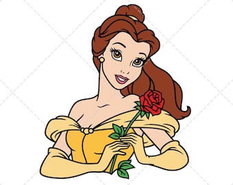 Puede incluir: Ilustración de dibujos animados de una mujer con un vestido amarillo sosteniendo una rosa roja. La imagen incluye el texto "LAYERED & GROUPED BY COLOR" y "FORMATOS: SVG PNG EPS DXF".