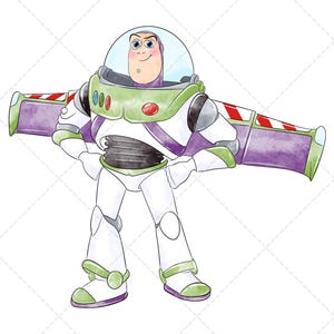 Puede incluir: Ilustración en acuarela de Buzz Lightyear de Toy Story. El personaje se representa con su icónico traje espacial blanco, verde y morado, con los brazos en jarras. La imagen tiene una estética caprichosa, pintada a mano, ideal para la decoración infantil.