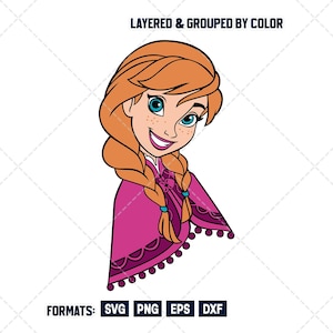 Puede incluir: Ilustración digital de un personaje sonriente con cabello castaño rojizo en trenzas, ojos azules y pecas. Lleva una capa magenta con un borde decorativo. El texto "LAYERED & GROUPED BY COLOR" está en la parte superior. Formatos: SVG, PNG, EPS, DXF.