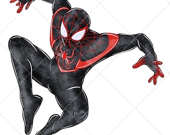 Puede incluir: Ilustración de un superhéroe con un traje negro y detalles rojos. La máscara tiene ojos blancos y un diseño de telaraña roja. El personaje está en una pose dinámica. El estilo general es de acuarela.