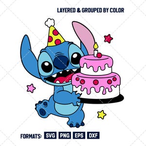 May include: A blue cartoon character wearing a party hat and holding a two-tiered pink birthday cake with a lit candle. The image includes the text "LAYERED & GROUPED BY COLOR" and file format options: SVG, PNG, EPS, and DXF.