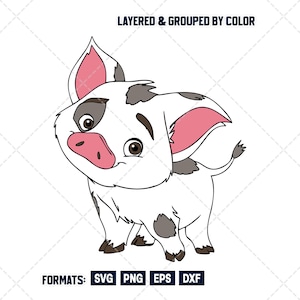 Könnte beinhalten: Eine Cartoon-Illustration eines Schweins mit weißem Fell, rosa Ohren und Schnauze sowie grauen Flecken. Das Bild enthält den Text "LAYERED & GROUPED BY COLOR" und "FORMATS: SVG PNG EPS DXF".