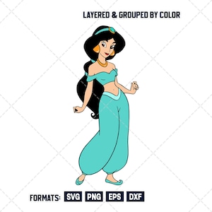 Puede incluir: Una ilustración digital de un personaje con cabello largo y negro, vistiendo un top turquesa de hombros descubiertos, pantalones tipo harén a juego, aretes dorados y una diadema. El texto dice LAYERED & GROUPED BY COLOR y FORMATS: SVG PNG EPS DXF.