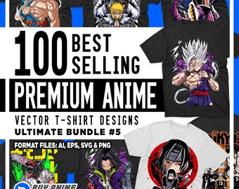Puede incluir: Una colección digital de 100 diseños de camisetas vectoriales de anime premium más vendidos en un paquete definitivo. La imagen muestra varias camisetas negras y blancas con ilustraciones gráficas coloridas de personajes de anime e incluye texto.