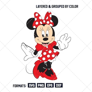 May include: A cartoon illustration of Minnie Mouse in a red dress with white polka dots and a matching bow. The image includes the text "LAYERED & GROUPED BY COLOR" and "FORMATS: SVG PNG EPS DXF".