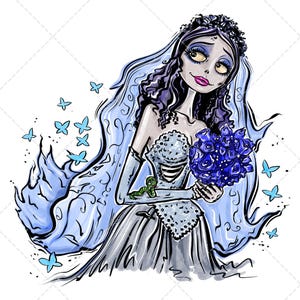May include: Illustration of a bride in a gray and white dress, holding a bouquet of blue roses. She has pale skin, dark hair, and a veil. Blue butterflies and a green caterpillar are also present.