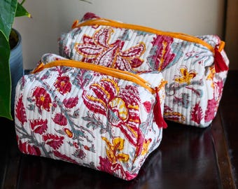 Cotton Quilted Wash Bag | Waterproof Wash Bag | Block Printed Travel Bag | Makeup Bag | Toiletry Bag | Cosmetic bag | Self Care Gift for Her