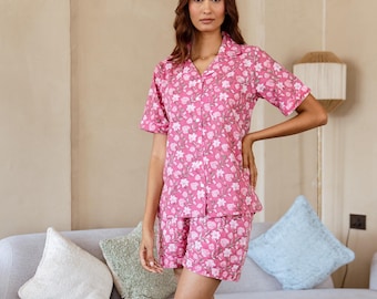 Hand Block Print Cotton Pajama Set, Shorts Pyjamas, Floral Ladies Loungewear, Summer PJ Set, Bridesmaid PJ Set